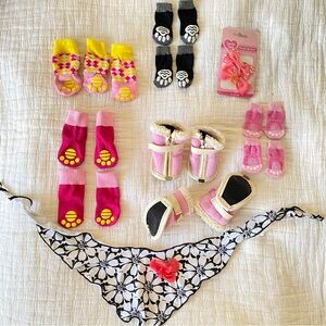 NEW collection of Dog Pink Shearling Booties, socks, hair bows, bandana XS/S